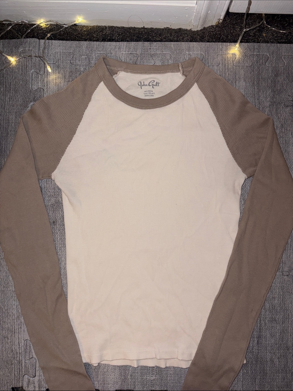 Women’s Ribbed Raglan Long-Sleeve Top - Cream with Tan Sleeves